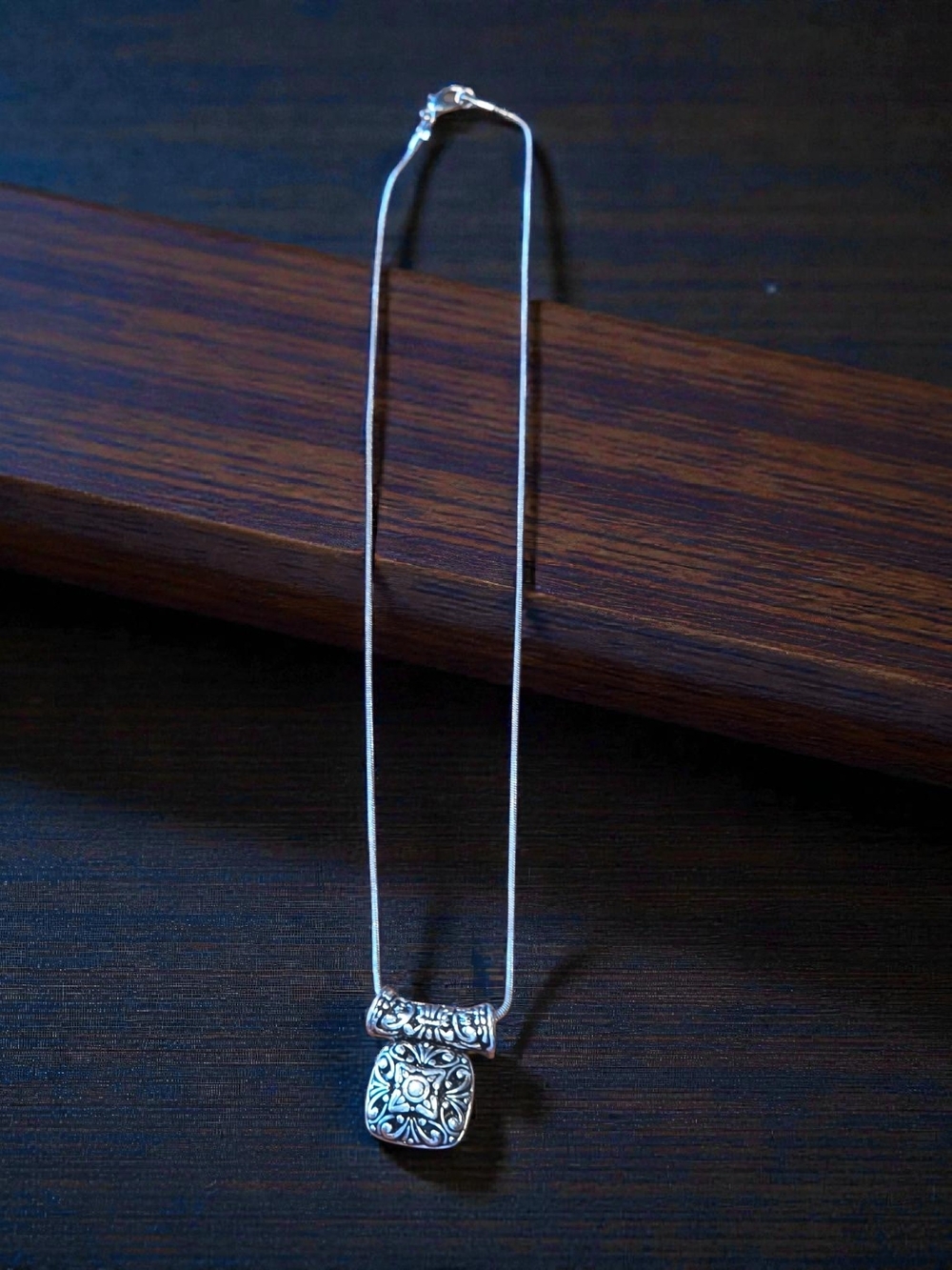 Silver Filigree Slide Pendant Necklace Intricate Scroll Square Charm Boho
​